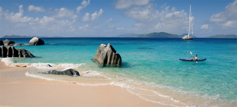 Kayaker adventuring out from sailing yacht MARAE