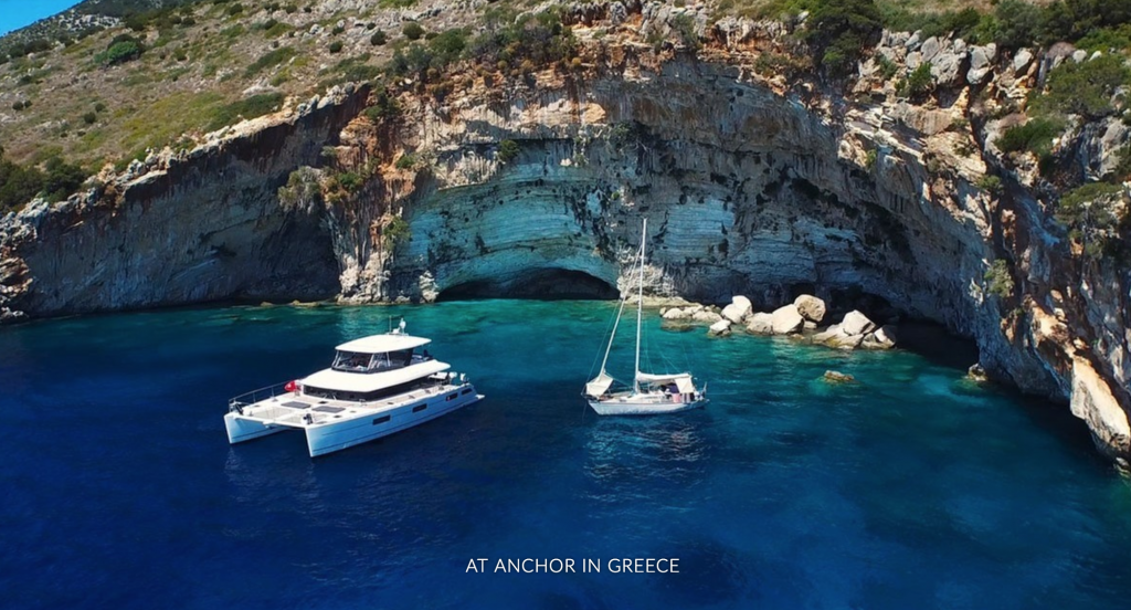 Cute Little Cat 63ft Lagoon Catamaran anchored in Greece Eastern Mediterranean