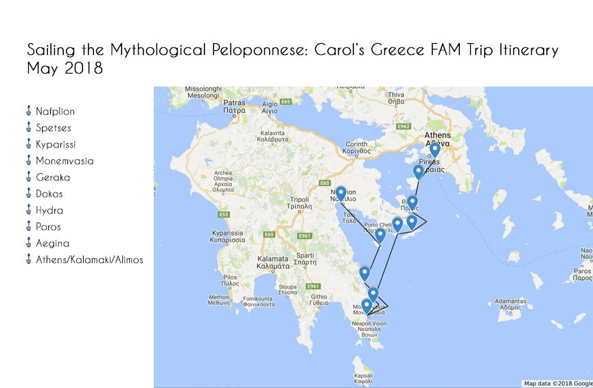Sailing the Peloponnese in Greece itinerary. Click to enlarge map.