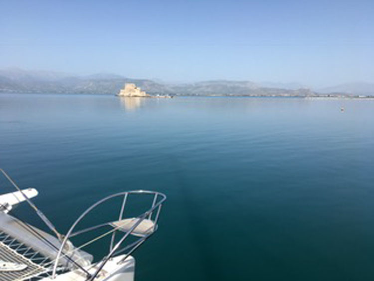 Sailing out of Nafplion, Greece past the Bourtzi Fortress