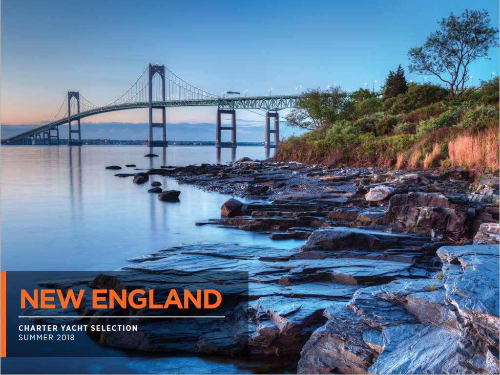 Newport Bridge and Shoreline at dusk Summer yachting in New England