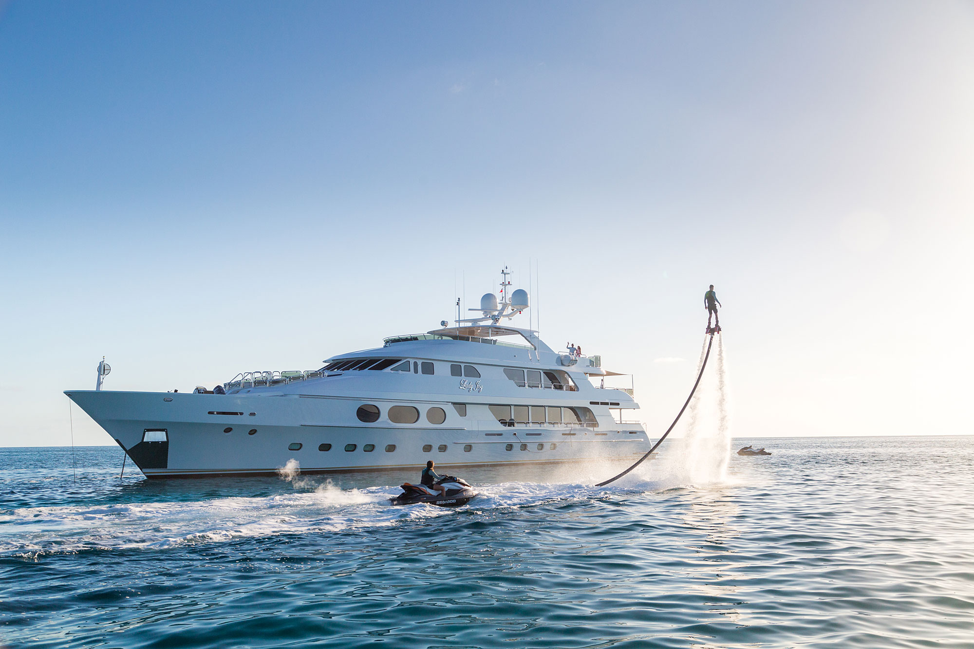 A fly board and SkiDoo are two of 157ft motor yacht LADY JOY's many toys