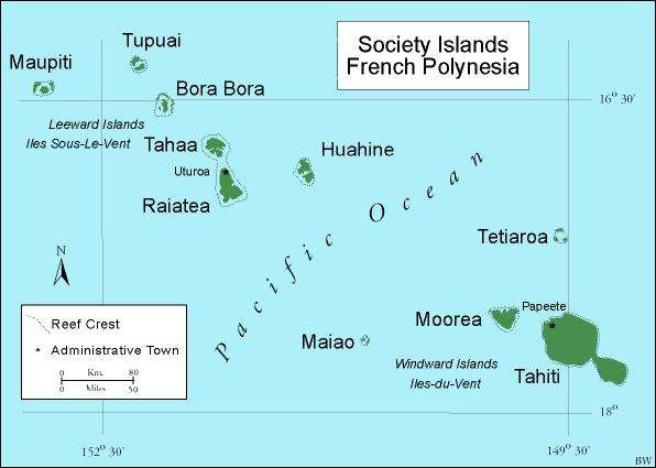 Map of The Society Islands Tahiti Bora Bora French Polynesia
