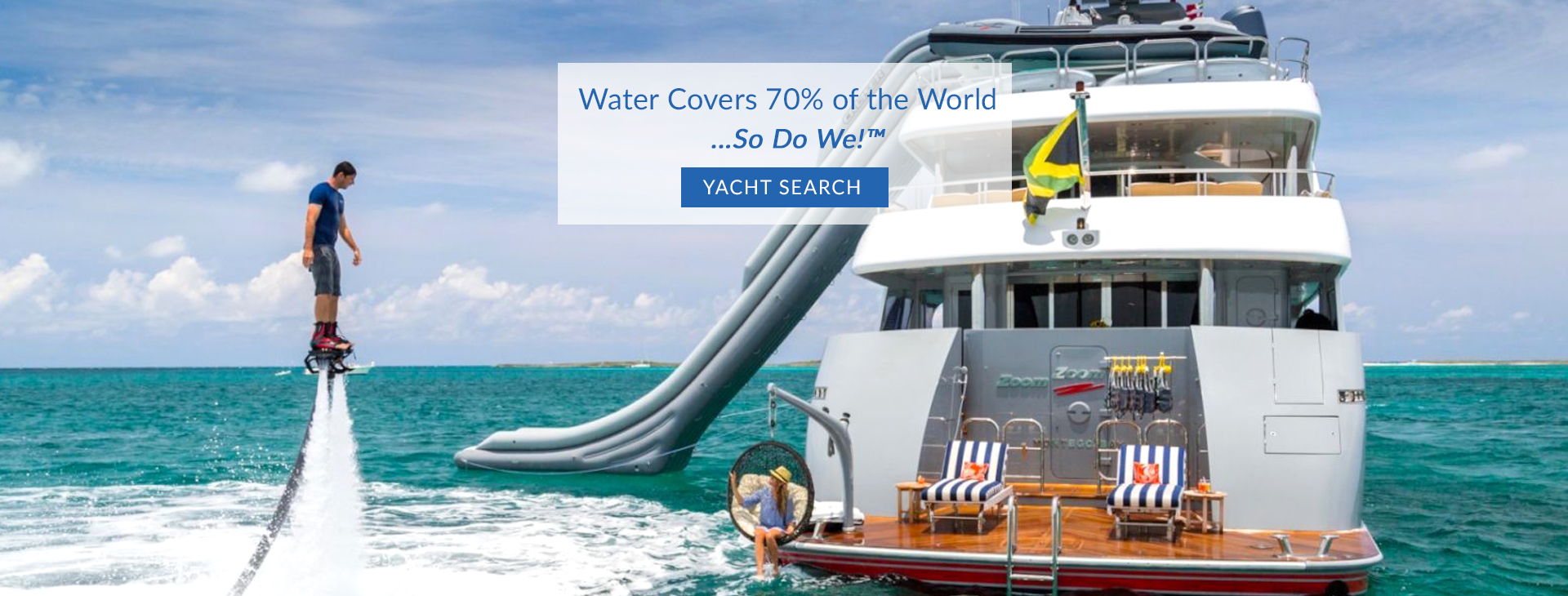 Motor yacht ZOOM ZOOM ZOOM with slide, man on hover board and woman in oval swing