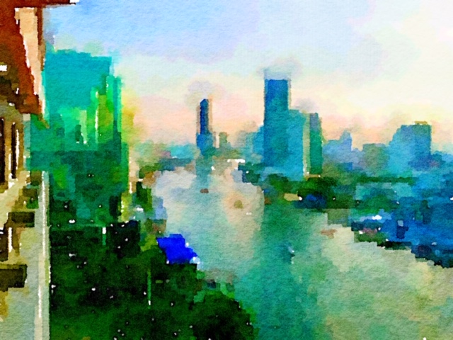 Watercolor painting of Bangkok on the Chao Praya River Thailand Southeast Asia YACHTING FAM TRIP IN THAILAND