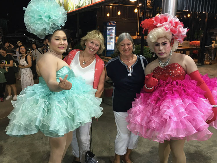 Carol and Louise hanging with two of the spectacular stars of The Lady Boy Show Bangkok Thailand