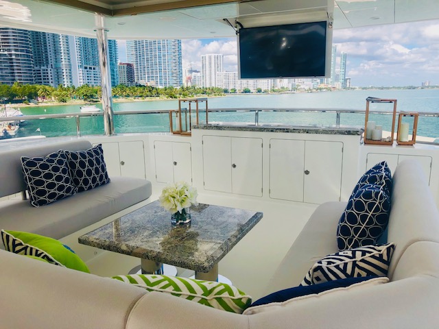 Aft deck lounge on The Rock, 120ft Ocean Alexander motor yacht at the Miami Yacht Show 2019