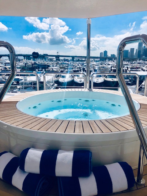Jacuzzi Deck on the 120ft Ocean Alexander motor yacht THE ROCK at the Miami Yacht Show 2019
