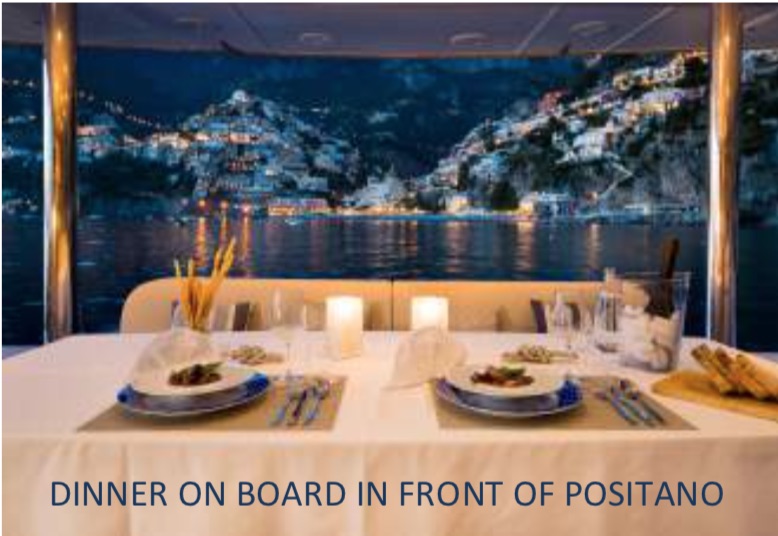 Dinner with a view of Positano, Amalfi Coast, Italy on the 70ft sailing yacht catamaran Ombre Blu 3