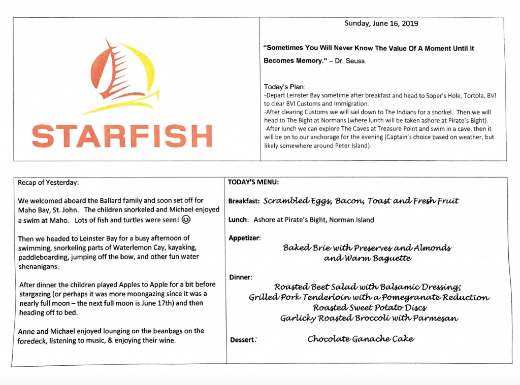 Jen and Sam's diary entry for the Ballard's day trip in the BVIs.