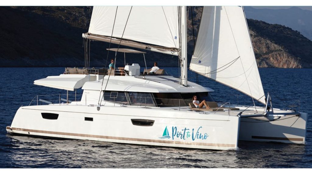 Award-winning 58ft Fountaine Pajot sailing catamaran PORT TO VINO under sail