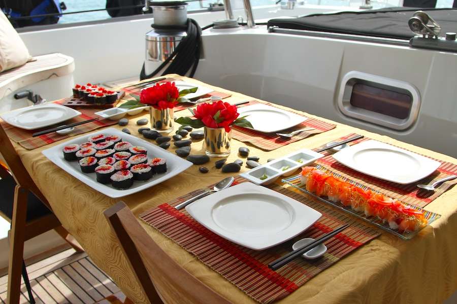 Sushi waiting on dining table for guests on the S-Y LOLALITA