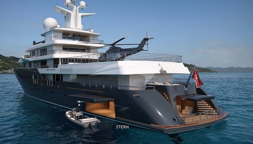 Stern shot of helicopter and tenders on 240ft superyacht PLANET NINE