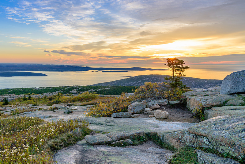 Sunset over coastal Maine at Cadillac Mountain, Bar Harbor