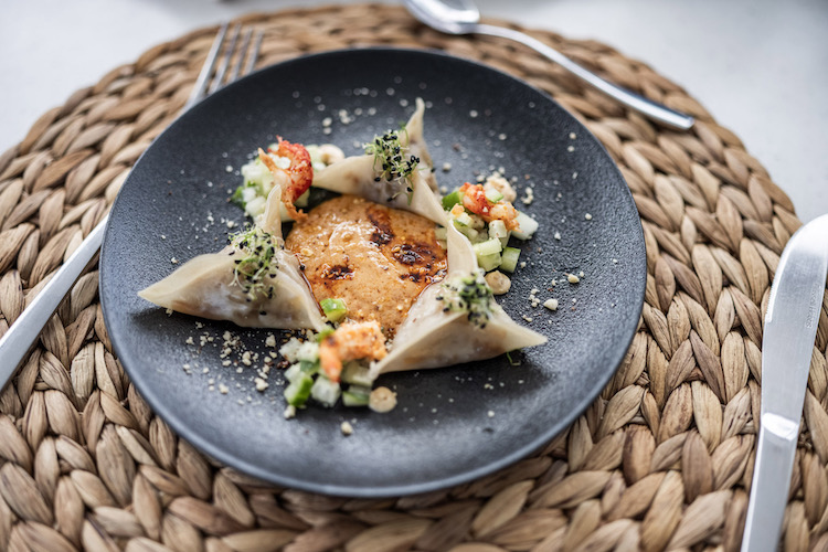 Steamed dumpling w prawns by Overall Winner in USVI Culinary Competition 2023: Top Yacht Chef Paula Milovac of sailing catamaran Barefeet Retreat