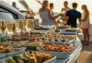 Champagne and bespoke appetizers by top yacht chef on 99ft motor yacht LADY KATANA in the Sea of Cortez, Mexico