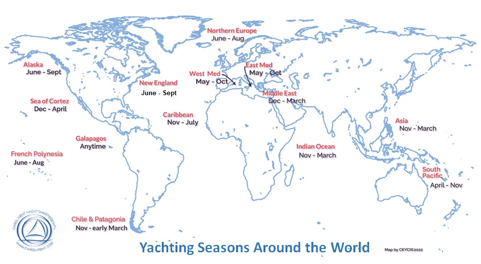 Yacht seasons map of the world showing best times to charter a yacht in different regions