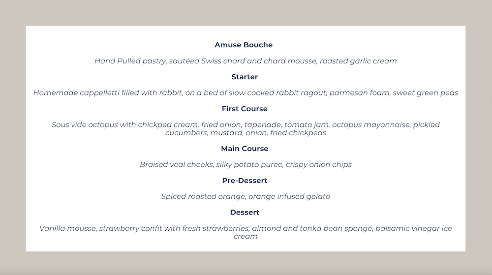 Menu from the motor-sailer yacht CORSARIO menu at the CROYA 2025 Yacht Charter Show
