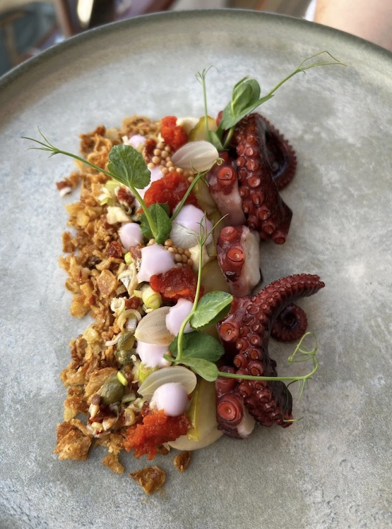 Sous vide octopus with chickpea cream, fried onion, tapenade, tomato jam, octopus mayonnaise, pickled cucumbers, mustard, onion, fried chickpeas from the motor sailer yacht CORSARIO menu at the CROYA 2025 Yacht Charter Show